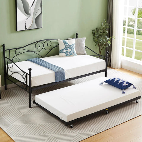 Heavy Duty Twin Trundle Bed Frame Built Tough For Casual Hangouts And Epic Sleepovers Featuring Roll Out Guest Sleeping Platform Base Zero Sag Steel Slats And Easy Glide Lockable Casters Black in a stylish room.