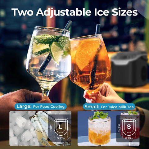 Countertop ice maker in black beside two cocktail glasses with ice and straws