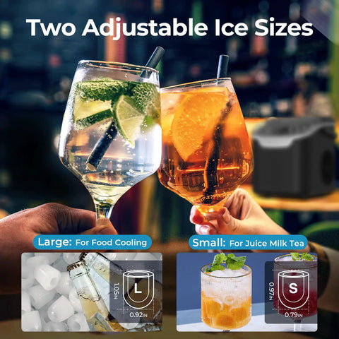 Portable On The Go Ice Maker That Churns 8 Ice Cubes In 6 Minutes, Delivers Up To 26 Lbs Per Day with two ice size options