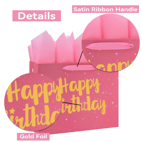 Giant Pink Gift Bag Set With Greeting Card And Tissue Paper Starry Night Design With Hot Foil Happy Birthday 13x5.2x10.2