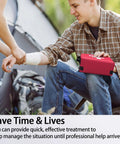Red first aid kit outdoors beside a camping tent; person with a bandaged forearm.
