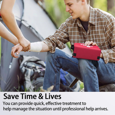 Red first aid kit outdoors beside a camping tent; person with a bandaged forearm.