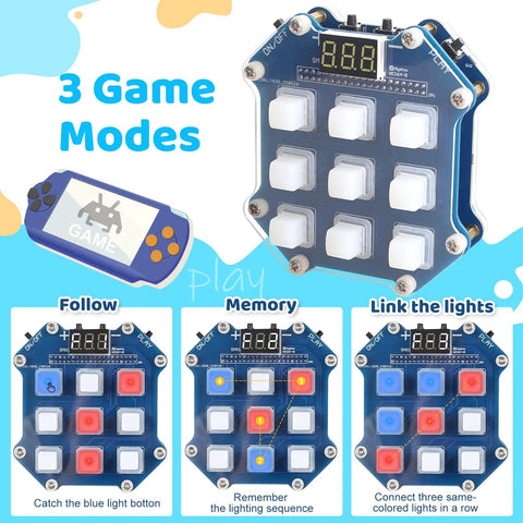 DIY Hands On Electronic Game Kit With 3 In 1 LED Game Soldering Project For Memory, Speed And Reaction Modes display