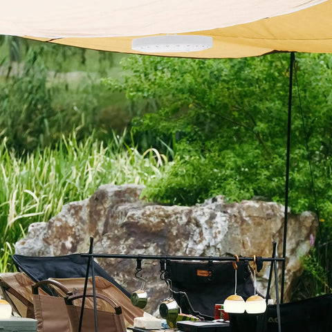 Portable Round Camping Lantern With LED Lights For Outdoor Use Waterproof Tent Light shown hanging under a canopy