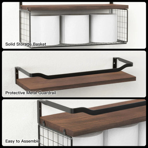 Floating Shelves With Wire Storage Basket Over Toilet Unit In Dark Brown Wood Wall Shelves with Protective Metal Guardrail