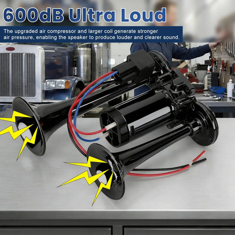 Kickin 12V Car Air Horn Kit Featuring Rip Roaring 120DB Dual Trumpets With Integrated Air Compressor Waterproof Electric Train Horn Upgrade For Tough Trucks And Rvs Matte Black Shell on a working table.