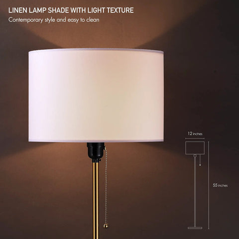 Drum Shade Standing Lamp with Pull Chain Switch, E26 Socket, Dope Modern Minimalist Floor Lamp in Antique Brass, linen shade