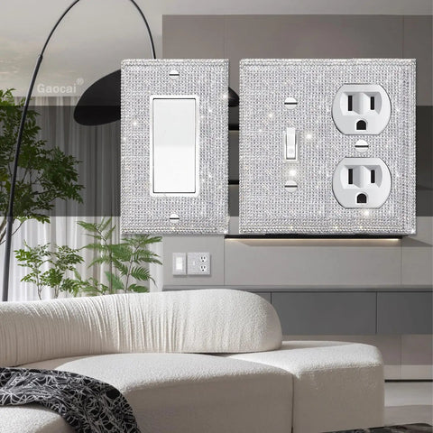 Shiny Silver Rhinestone Light Switch Cover Plate With Single Toggle in living room, sparkling decorative wall plate display.