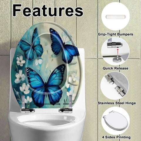 Elongated Toilet Seat Replacement for Bathroom with butterfly design, durable resin, and stainless steel hinges.