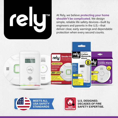 Image of Rely smoke and carbon monoxide detector packaging, showcasing battery operated device with siren and LED indicators for fire and CO protection.