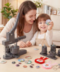 Mother and child using 200 PCS 32mm Button Maker Supplies Kit with metal blanks and pin backs for DIY badges