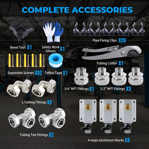 Complete accessories for Heavy Duty Shop Air Line Kit Three-Quarters Inch HDPE Aluminum HDPE Tubing For Compressed Air System.