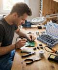 Person working on PCB with 500Pcs Capacitor Kit With 24 Value Aluminum Electrolytic Caps 0.1uF To 1000uF 10V To 50V nearby