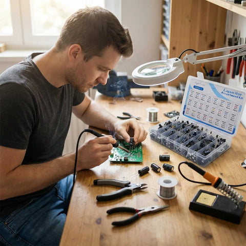 Person working on PCB with 500Pcs Capacitor Kit With 24 Value Aluminum Electrolytic Caps 0.1uF To 1000uF 10V To 50V nearby