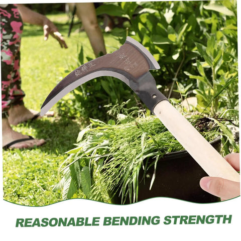 Multipurpose Manganese Weeding Scythe With Comfortable Handle shown cutting grass in garden.