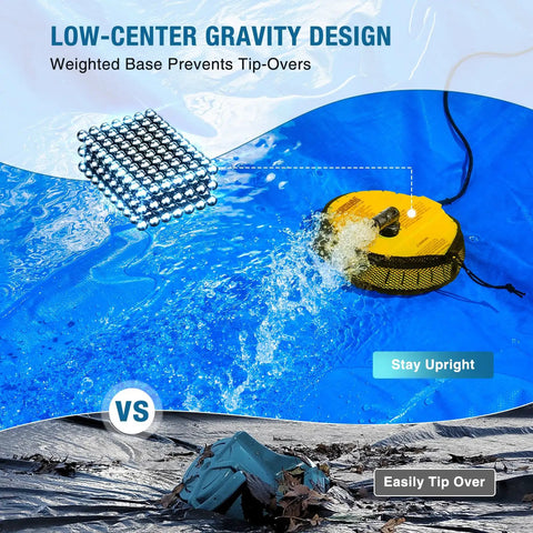 Automatic 115V Submersible Pool Cover Pump For Easy Water Removal From Pool Covers Hot Tubs Ponds And Fish Tanks With 25Ft Cord And 2 Adapters Activates At 1.5 Inches And Shuts Off At 0.39 Inches No Fuss, shown submersed on a blue cover.
