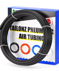 Front view of a coiled black 1/4-inch OD pneumatic nylon air tubing in front of a blue packaging box.
