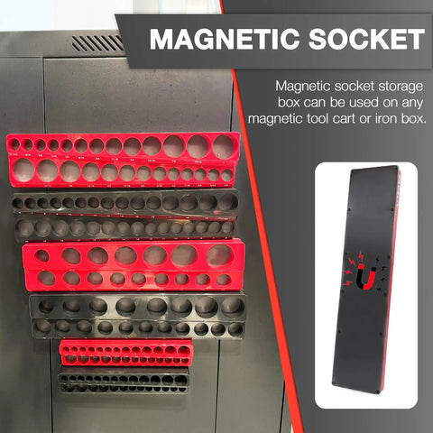 Must-Have 6-Piece Magnetic Socket Organizer Set For SAE And Metric Sockets Holds 141 Shallow And Deep One Half Inch One Quarter Inch And Three Eighth Inch Sockets With Two Adapters Attaches To Steel Box Or Tool Cart Durable ABS