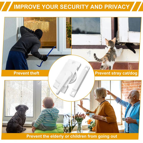 Collage showing security benefits of using 14 Pack White Window Sash Locks Replacement With Screws For Sliding Windows