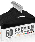 Black Velvet Non Slip Hangers 60 Pack shown in box, premium slim design for coats, suits, jeans with 360-degree rotating silver hook.