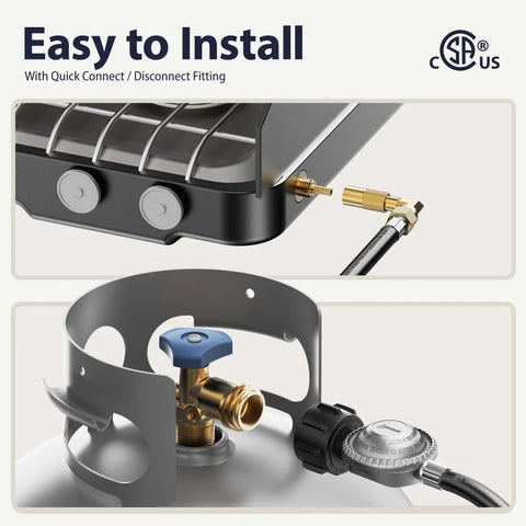 Propane Regulator Hose With Valve 6Ft Quick Connect QCC1 Three Eighths Inch Female Flare CSA Certified Safety setup.