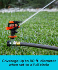 Impulse Sprinkler With Stable Zinc Spike on lawn showing 80 ft diameter coverage full circle spray pattern