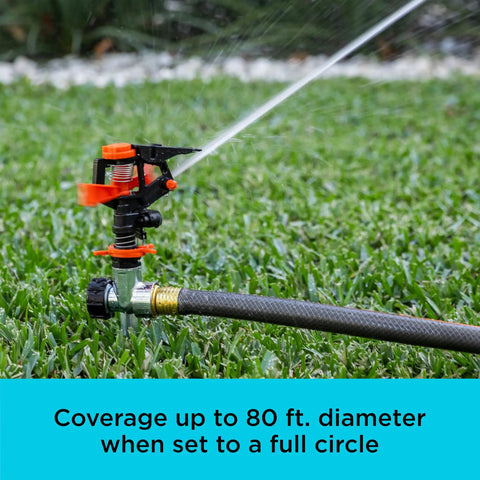 Impulse Sprinkler With Stable Zinc Spike on lawn showing 80 ft diameter coverage full circle spray pattern