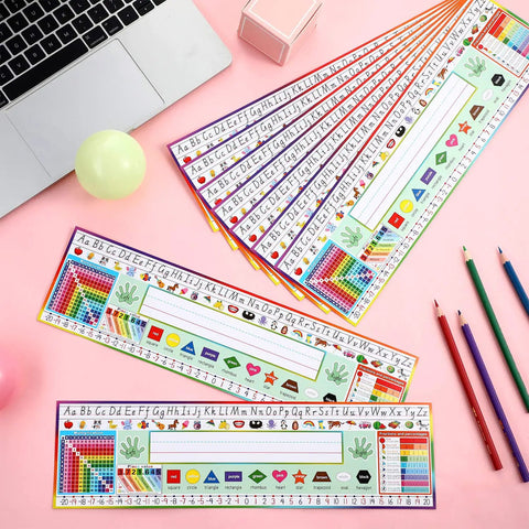 36 Piece Classroom Name Plates For Desks With Alphabet And Math Labels, color pencils, and pastel background, 4.2 x 14.3 inches