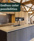 Modern kitchen with dark wood cabinets treated with Intense Black Water Based Wood Stain Pre Treatment For Indoor Use Super Quick Dry Eco Friendly Formula Bonds Perfectly Covers Two Hundred Square Feet Per Liter, showcasing endless color possibilities.