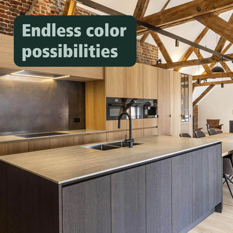 Modern kitchen with dark wood cabinets treated with Intense Black Water Based Wood Stain Pre Treatment For Indoor Use Super Quick Dry Eco Friendly Formula Bonds Perfectly Covers Two Hundred Square Feet Per Liter, showcasing endless color possibilities.