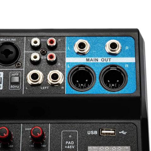 Close-up of audio input and output ports on Five Channel Mini DJ Mixer With Bluetooth And USB Playback, Phantom Power, MP3 Stereo Input Output