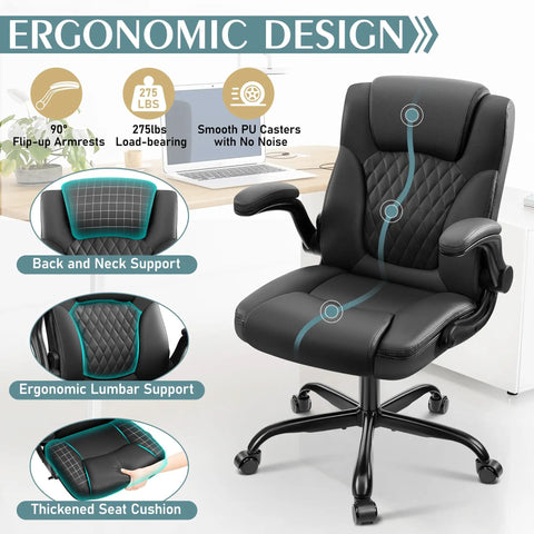 Leather Office Chair With PU Leather, Ergonomic Back Support, 360 Degree Swivel, Rolling Wheels, Adjustable Armrests