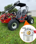 Go-kart on grass with a close-up of Drop In Carburetor Replacement For Tecumseh OHV Series 5.5HP 6HP 6.5HP 4 Cycle Engines