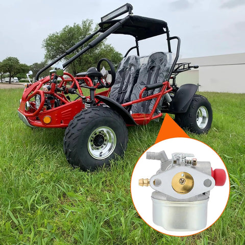 Go-kart on grass with a close-up of Drop In Carburetor Replacement For Tecumseh OHV Series 5.5HP 6HP 6.5HP 4 Cycle Engines