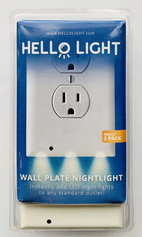 Two Pack Wall Plate Night Lights LED Built Into Outlet Plates Duplex White Auto On Off No Batteries Safe Energy Efficient