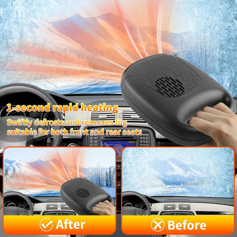 12V Portable Car Heater And Defroster Featuring Turbo 120W Fast Heating And Cooling with 360 adjustable airflow in car.