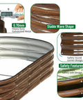 Two Piece Raised Garden Bed Kit with brown oval metal design, showing material thickness, stable wave shape, and safety features.