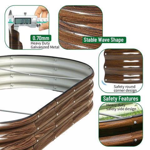 Two Piece Raised Garden Bed Kit with brown oval metal design, showing material thickness, stable wave shape, and safety features.