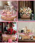 Wicker picnic baskets filled with candles, flowers, and wine; each basket adorned with a checkered cloth for decorative outdoor themes.
