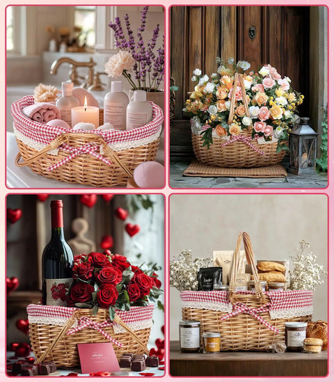 Wicker picnic baskets filled with candles, flowers, and wine; each basket adorned with a checkered cloth for decorative outdoor themes.