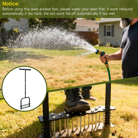 14 Spike Lawn Aerator Tool With Spring Loaded Design in use for effortless aeration in yard, showing manual grass aerator with automatic cleaning feature