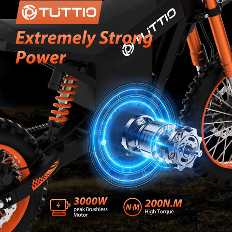Soleil01 Electric Dirt Bike For Adults With Black Suspension Fork, 2000W Brushless Motor highlighting power and torque