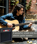 Musician playing acoustic guitar outdoors near 20 Watt Portable Electric Guitar Amp With Headphone Input And Aux Phone Audio Link