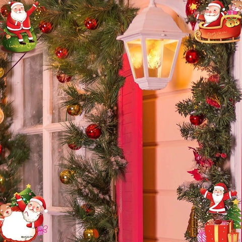 LED Flame Effect Light With Realistic Flicker lantern on a festive porch with Christmas decorations and garland.