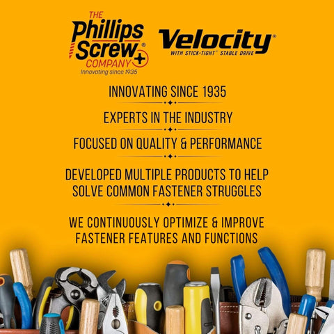 Phillips Screw Company and Velocity branding with tools illustration, emphasizing innovation and quality since 1935