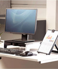 Letter Size Non Magnetic Copyholder with Removable Line Guide and Adjustable Easel Back on desk with monitor and keyboard