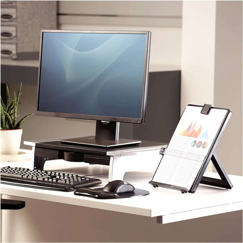 Letter Size Non Magnetic Copyholder with Removable Line Guide and Adjustable Easel Back on desk with monitor and keyboard