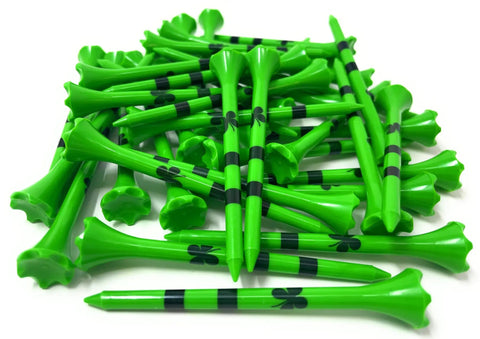 Neon Plastic Golf Tees Three And One Quarter Inch 40 Pack Ultra Bright Colors For Easy Visibility In Low Light Made In USA With Four Leaf Clover Shamrock Design Durable Plastic Golf Tees Bulk