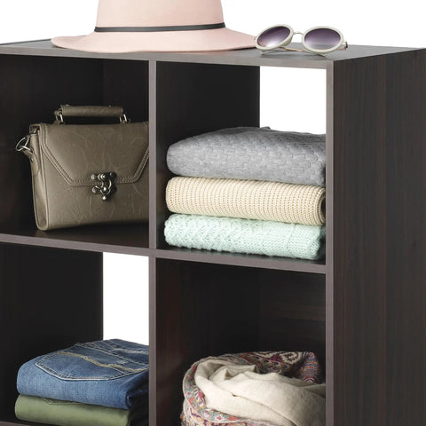 Six Cube Storage Organizer With Three Tier Stackable MDF Wood Bookcase Open Display Shelves For Living Room Bedroom And Home Office Perfect For Books Toys And All Your Stuff Espresso Finish featuring folded clothes, purse, and hat.