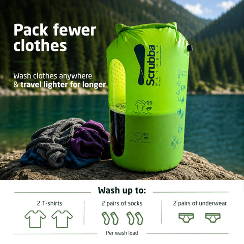 Heavy Duty Travel Laundry Sack Featuring Slick Inner Washboard Grooves by a lake, showing capacity for washing 2 T-shirts and socks.